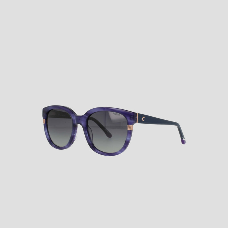 Women's Polarized Curvaceous Square sunglasses by Champion, featuring a purple acetate frame with gold accents on the temples and dark gradient lenses, displayed against a plain light background.