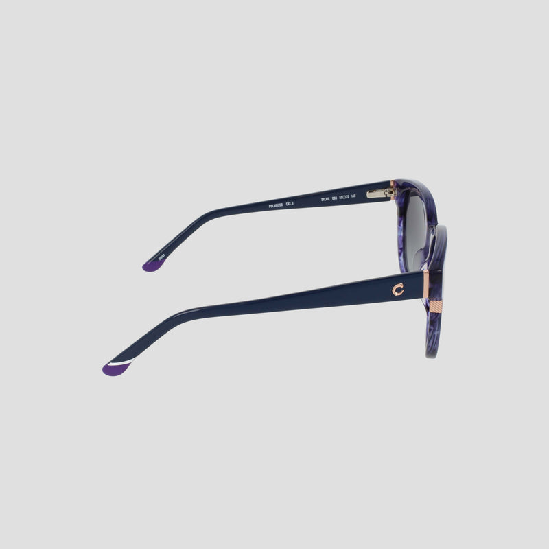 Side view of the Champion Women's Polarized Curvaceous Square sunglasses, showcasing a stylish purple premium acetate frame with dark arms and gold hinge accents, set against a plain light background.