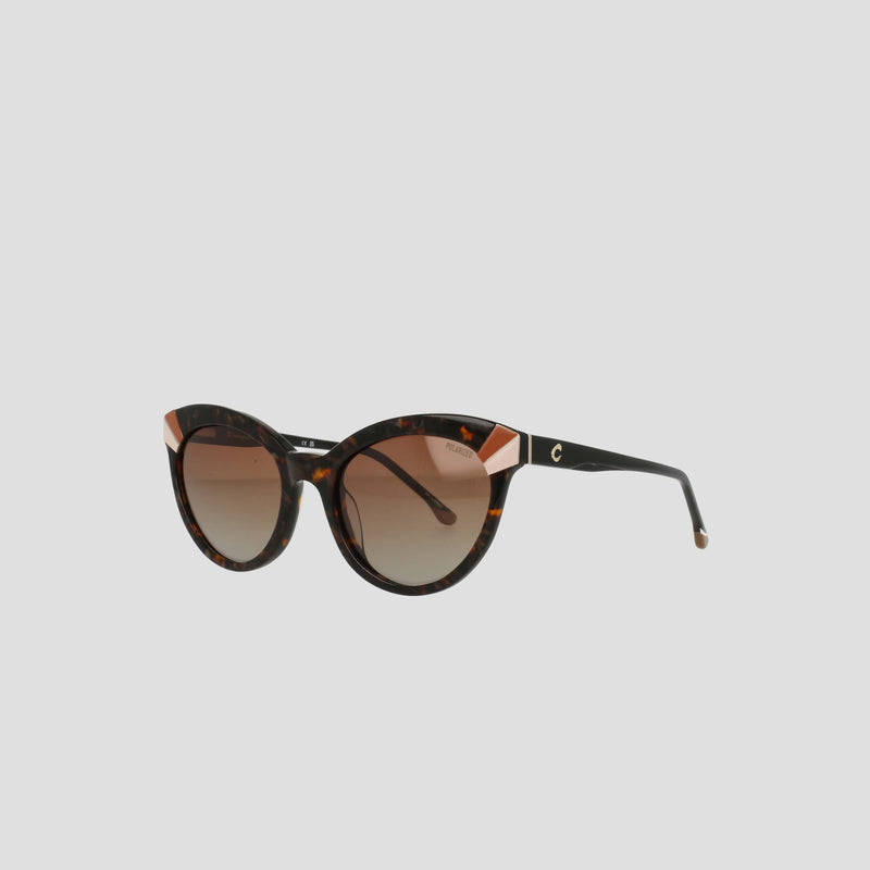 The Champion Women's Polarized Cateye sunglasses feature tortoiseshell frames with gold accents at the corners and dark polarized gradient lenses, displayed against a light grey background.