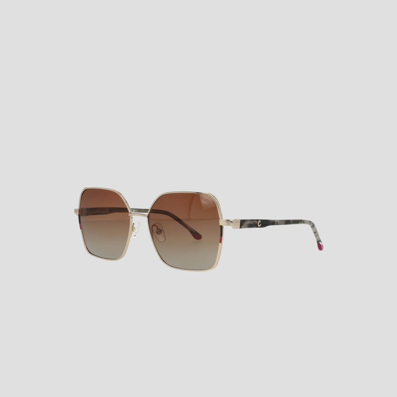 The Champion Women's Polarized Boho Square sunglasses feature a gold frame with a square silhouette, brown gradient lenses, and thin patterned temples, elegantly displayed against a plain white background.