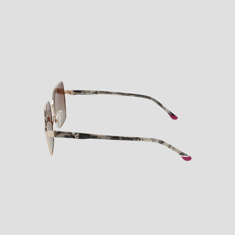 Side view of Champion Women's Polarized Boho Square sunglasses featuring beige gradient lenses, a gold frame, and tortoiseshell arms with pink tips, set against a plain light gray background.