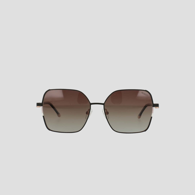 The Champion Women’s Polarized Boho Square sunglasses feature a thin black metal frame and brown gradient polarized lenses, displayed against a plain light gray background.