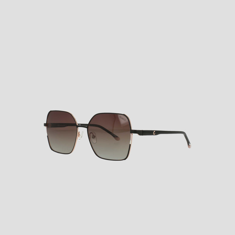 The Champion Women’s Polarized Boho Square sunglasses feature black square frames and gradient brown polarized lenses, displayed against a plain white background. The thin, sleek temples are accented with a subtle metallic detail near the hinge.