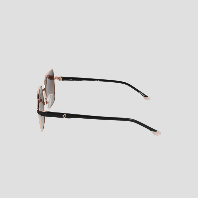 Side view of the Champion Women’s Polarized Boho Square sunglasses featuring a thin black metal frame, gold accents, and lightly tinted polarized lenses against a plain light background.