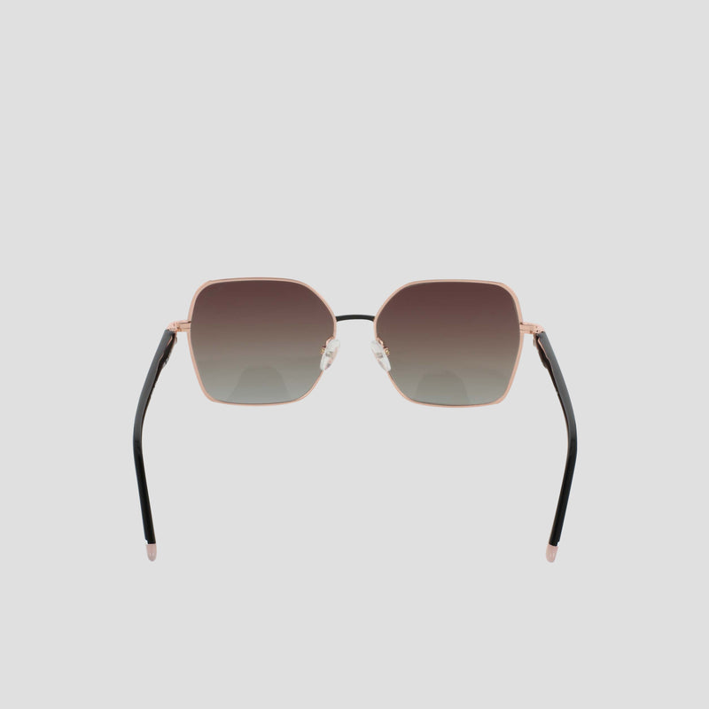 Women’s Polarized Boho Square sunglasses by Champion, featuring a thin rose gold metal frame, gradient dark lenses, and black arms, are displayed against a light gray background.