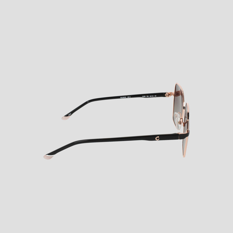 Side view of the Champion Women’s Polarized Boho Square sunglasses featuring thin black metal frames, rose gold hinges, and brown-tinted polarized lenses, displayed on a plain light gray background.