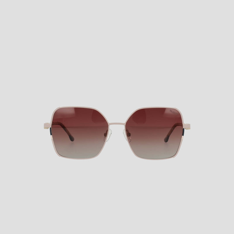 Experience modern glam and chic sophistication with the Champion Women's Polarized Boho Square sunglasses, featuring thin light-colored metal frames and gradient brown-tinted polarized lenses, showcased against a simple light gray background.