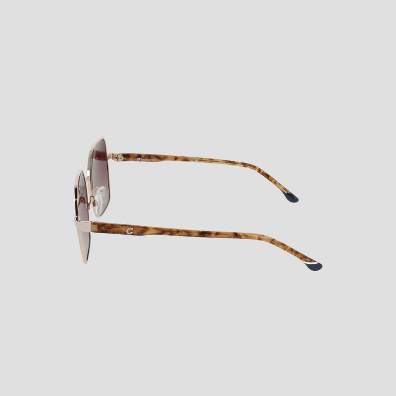 Side view of the Champion Women's Polarized Boho Square sunglasses, showcasing thin gold metal frames and tortoiseshell-patterned arms with polarized lenses for a modern glam touch, displayed against a plain light background.