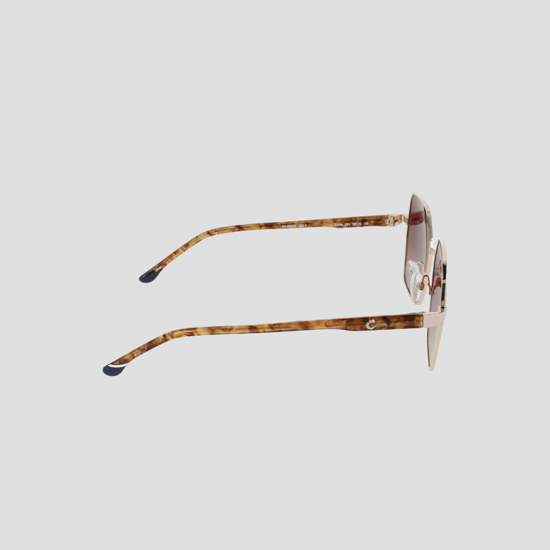 Side view of the Champion Women's Polarized Boho Square sunglasses featuring brown tortoiseshell arms, gold accents, and lightly tinted polarized lenses on a plain white background—a perfect touch of modern glam.