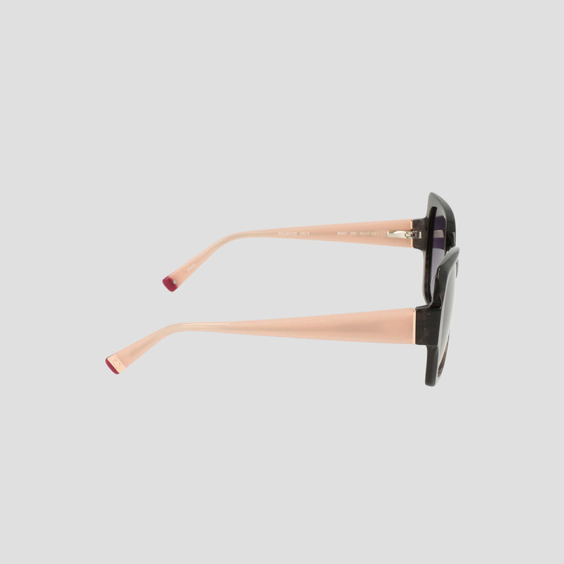 Side view of the Champion Women's Polarized Oversized Butterfly sunglasses, featuring handmade acetate black frames with light pink arms, red tips, and polarized lenses, displayed on a plain light gray background.