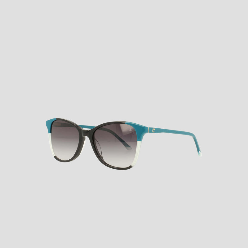 A pair of Champion Women's Polarized Catty Square sunglasses, featuring teal and black frames in a handmade acetate style with gradient dark polarized lenses, displayed on a plain light gray background.
