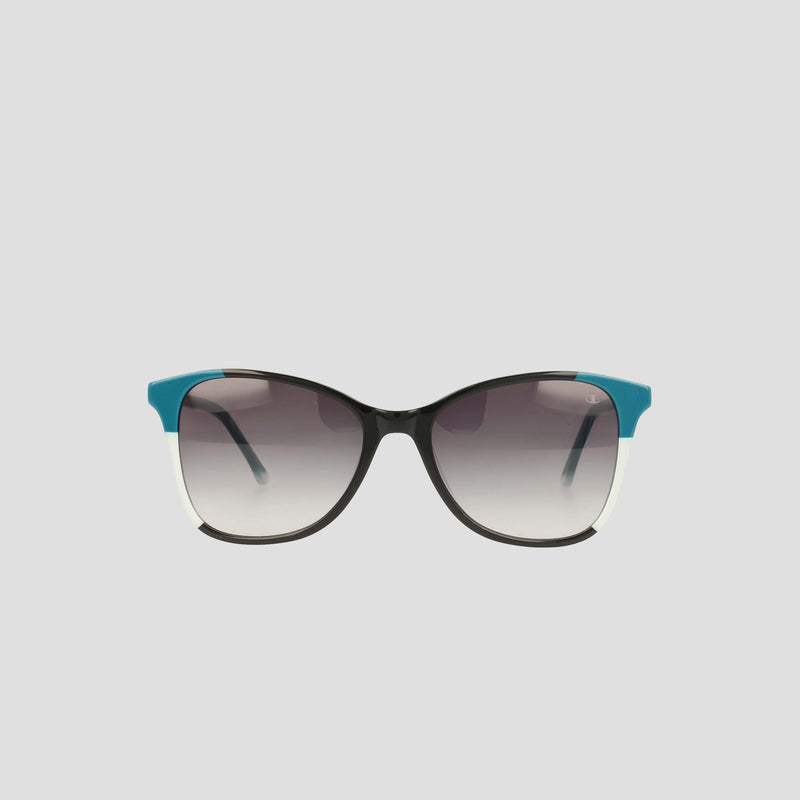 Women's Polarized Catty Square sunglasses by Champion in black, featuring blue accents on the top corners and gradient polarized lenses, displayed against a plain light gray background.