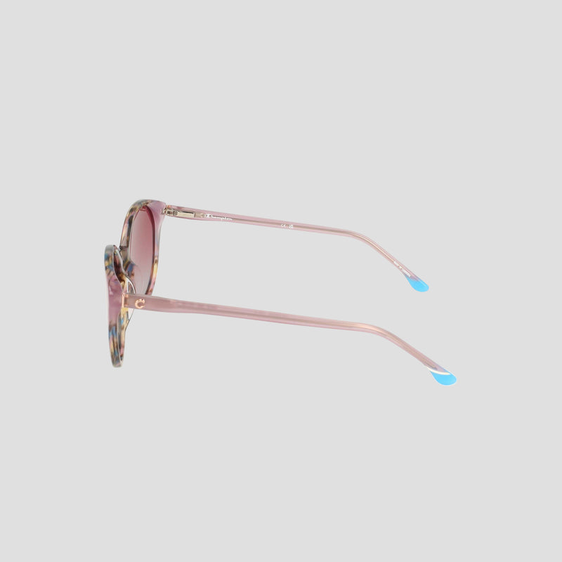 Side view of Champion Women's Polarized Flirty Round sunglasses featuring a pink marbled acetate frame and blue ear tips.