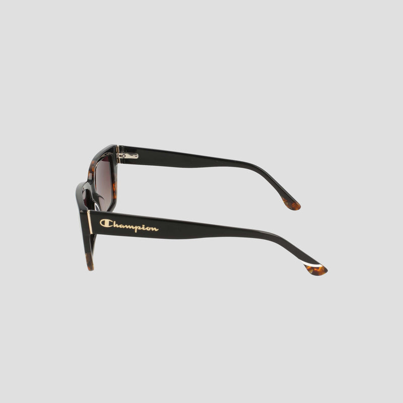 Champion Women’s Polarized Slim Rectangle sunglasses feature dark polarized lenses, glossy handmade acetate frames, gold Champion logo on the left arm, and tortoiseshell tips for stylish detail.