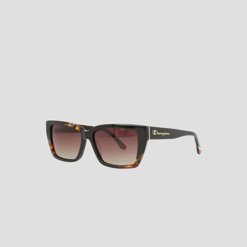 The Champion Women's Polarized Slim Rectangle sunglasses feature square tortoiseshell handmade acetate frames, dark gradient polarized lenses, and a gold Champion logo on the temple, set against a light gray background.