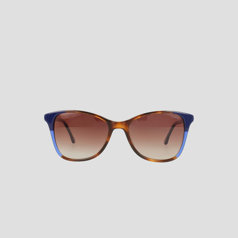 The Champion Women's Polarized Catty Square sunglasses feature a brown and blue gradient cat-eye frame with brown tinted polarized lenses, showcased against a plain light gray background.