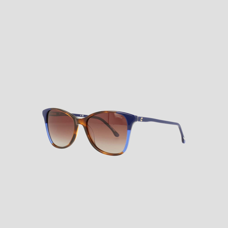 Introducing the Champion Women's Polarized Catty Square sunglasses—stylish polarized shades featuring tortoiseshell frames with blue accents and brown gradient lenses that combine fashion and function. Crafted from premium handmade acetate eyeglasses material, these RX-able frames reduce glare for clear vision, while the signature Champion "C" logo on the right temple highlights their exceptional quality.
