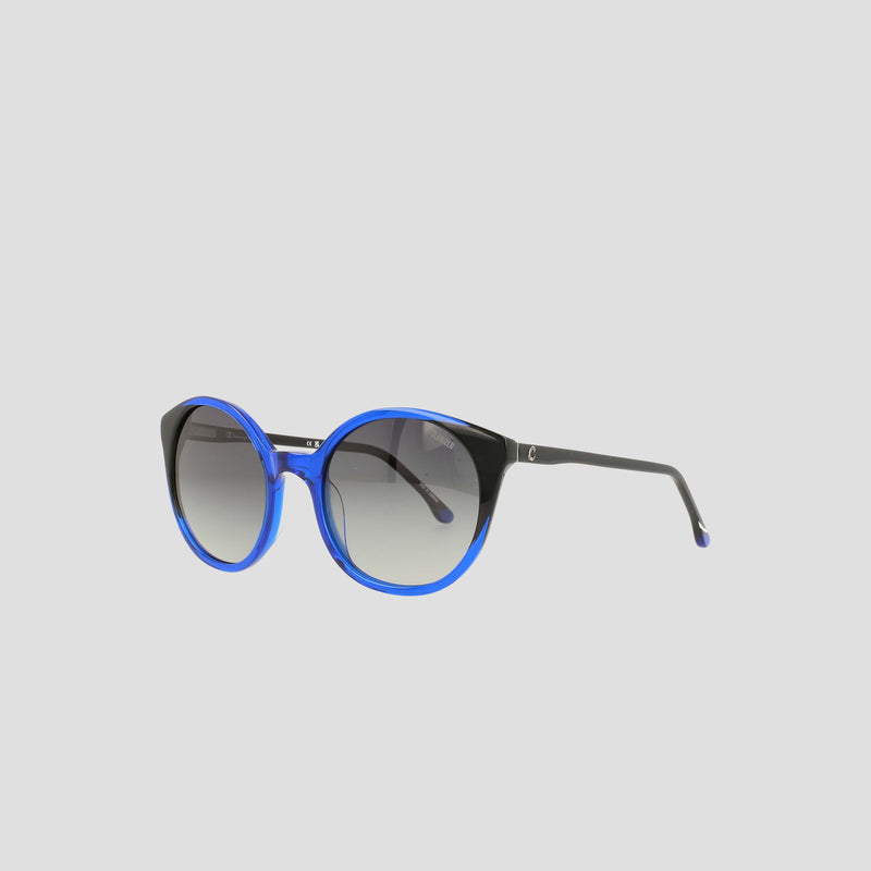 Champion Women's Polarized Flirty Round sunglasses with black handmade acetate frames and bold blue rims, featuring dark gradient polarized lenses and slim black arms, displayed on a plain light background.