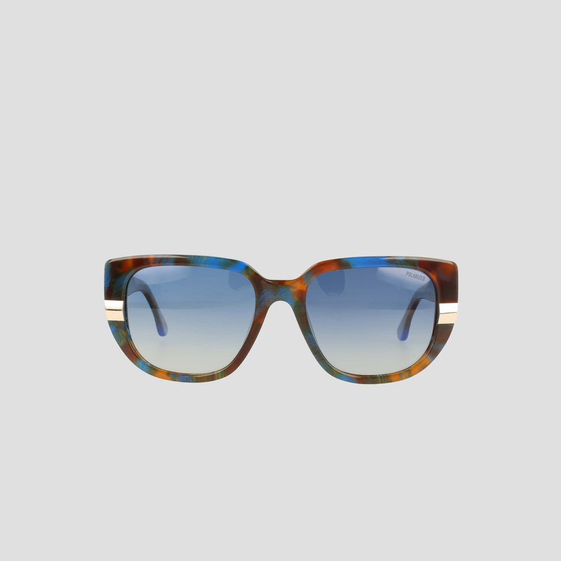 Front view of the Champion Women's Polarized Modified Cateye sunglasses featuring oversized square handmade acetate frames in a multicolored tortoiseshell pattern, gradient blue polarized lenses, and two white stripes on each temple, set against a plain light background.