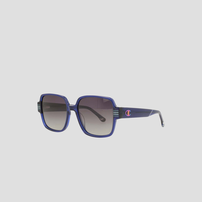 The Champion Women's Polarized Glam Square sunglasses feature oversized square blue rims, dark gradient polarized lenses, and a pink and white C logo on handmade acetate temples, shown against a light gray background.