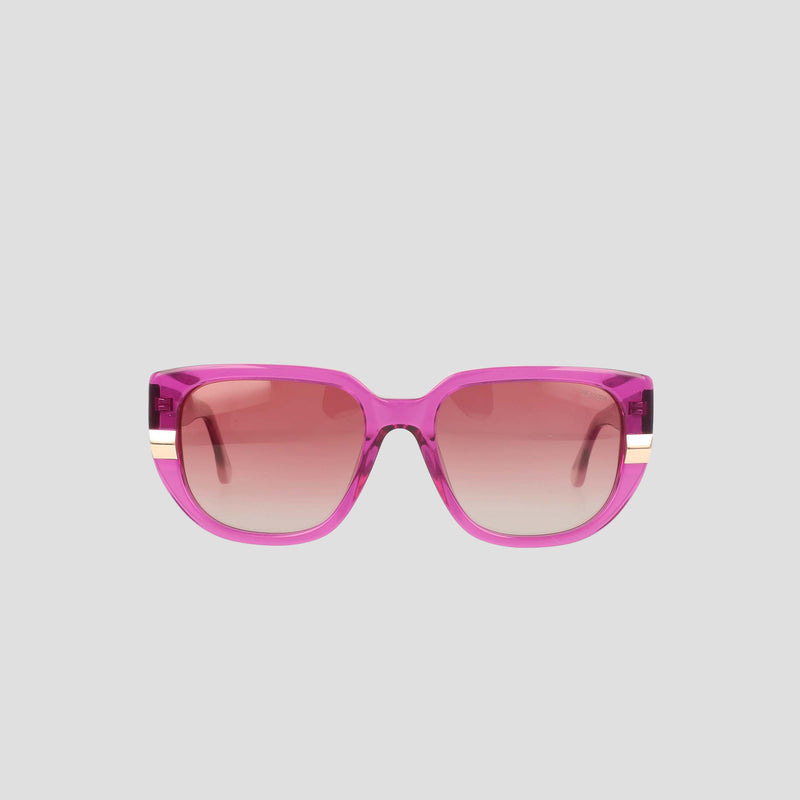 Women's Polarized Modified Cateye sunglasses by Champion, featuring gradient pink polarized lenses and handmade acetate frames with white and gold striped temples, shown against a plain light gray background.