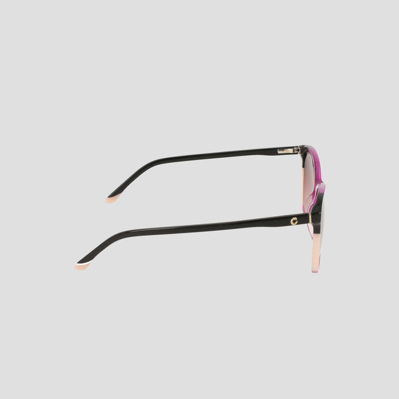 Side view of the Champion Women's Polarized Catty Square handmade acetate eyeglasses, featuring black arms, pink accents, and gold detailing against a light gray background, highlighting their classic silhouette.