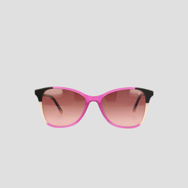 The Champion Women's Polarized Catty Square sunglasses feature a pink and black frame with gradient pink-tinted polarized lenses, showcased against a plain light gray background.