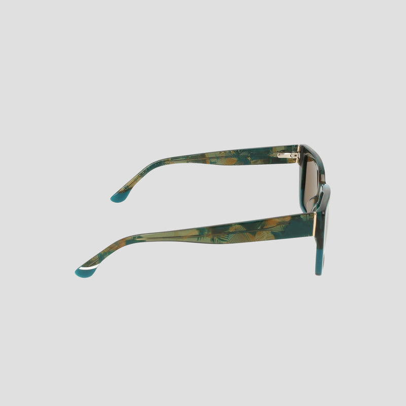 Side view of Champion Women's Polarized Slim Rectangle sunglasses featuring a green and brown marbled handmade acetate frame and arms, displayed against a plain white background.