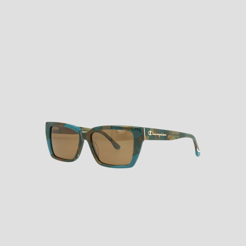 The Women's Polarized Slim Rectangle by Champion features brown polarized lenses and blue-green marbled handmade acetate rectangle frames with the gold Champion logo on the left arm, set against a plain light gray background.