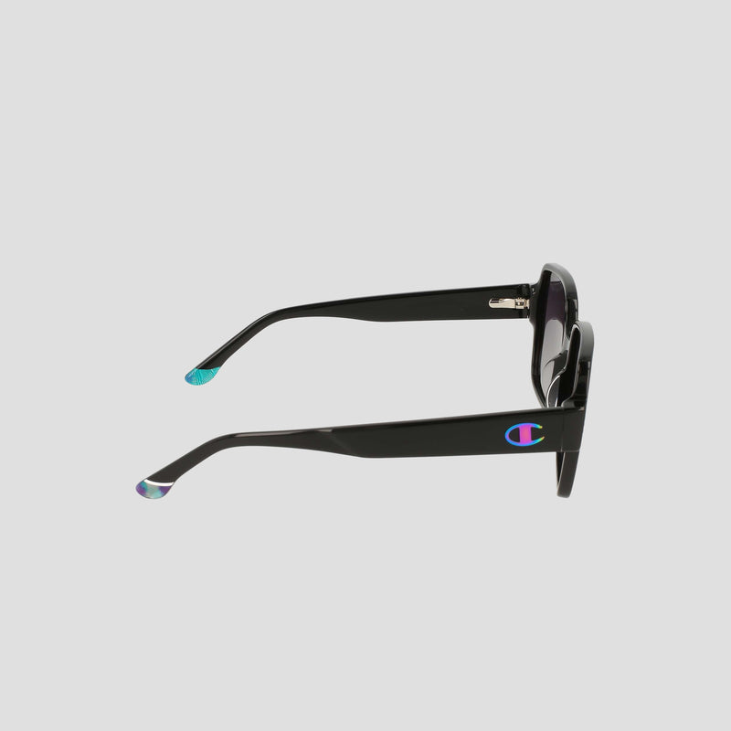 Side view of Champion Women's Polarized Glam Square sunglasses with black oversized frames, handmade acetate construction, blue and purple accents on the temple tips, and the Champion logo in blue and red on the left arm.