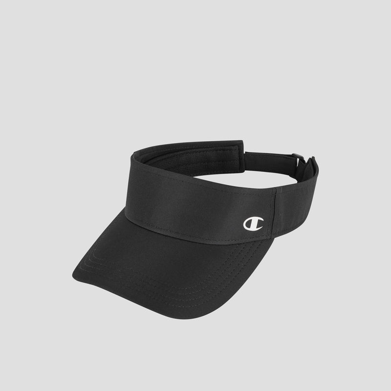 The Champion Adjustable Visor features a black design with an adjustable strap and a small white Champion logo on the front left panel. Ideal for sun protection during running, it is shown against a plain light gray background.