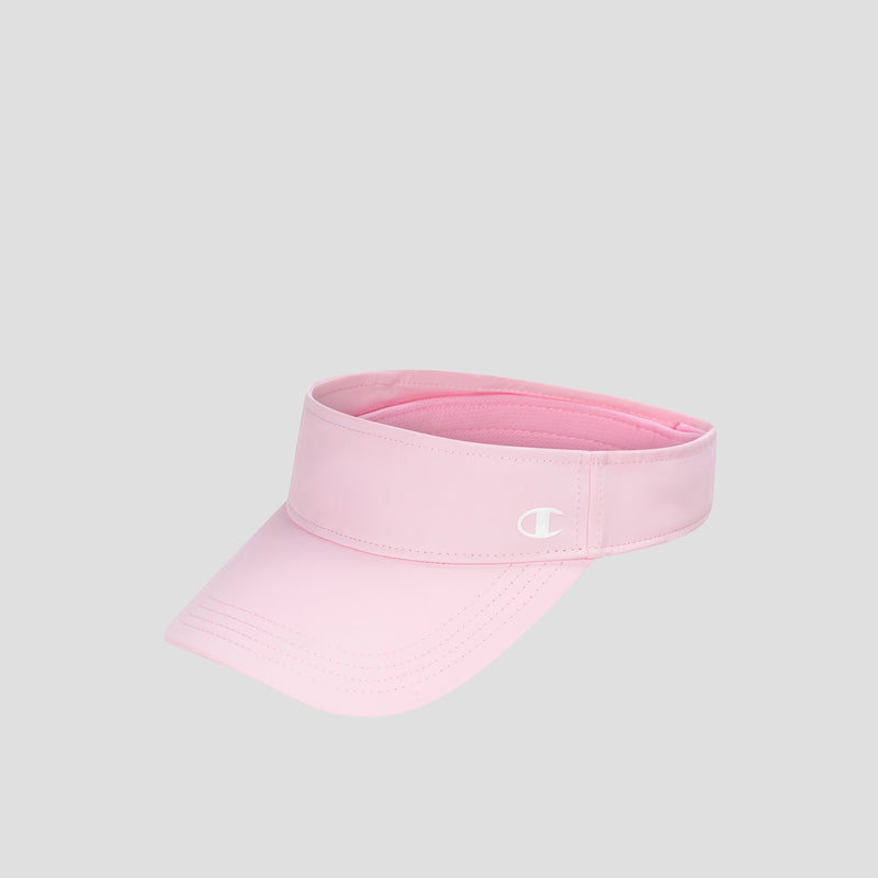 The Champion Adjustable Visor is a light pink athletic visor featuring a curved brim and the classic white Champion logo on the front. Designed for sun protection and an adjustable fit, it is displayed against a plain gray background.
