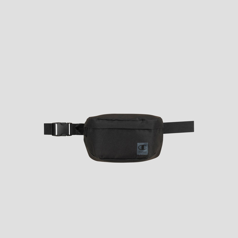 The Champion Atlas Waist Pack, shown against a plain gray background, features a rectangular front pouch, an adjustable strap with a side buckle, and provides adventure-ready storage.