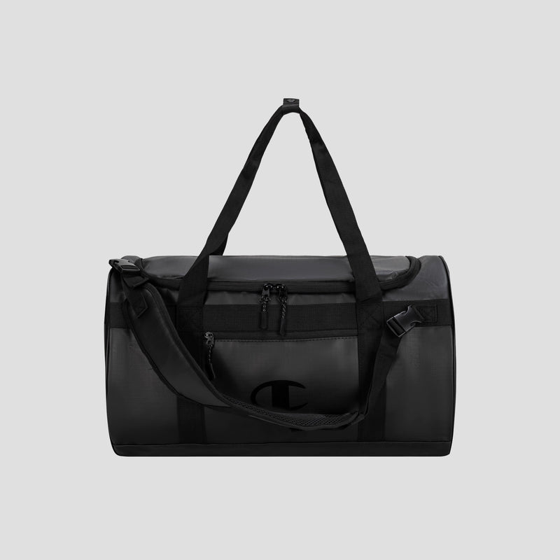 The Champion Approach Convertible Duffel is a black bag featuring a shoulder strap, dual handles, a front zippered pocket, and an understated side logo. Set against a plain light gray background, it’s ideal for versatile use as both a weekend bag and gym bag.