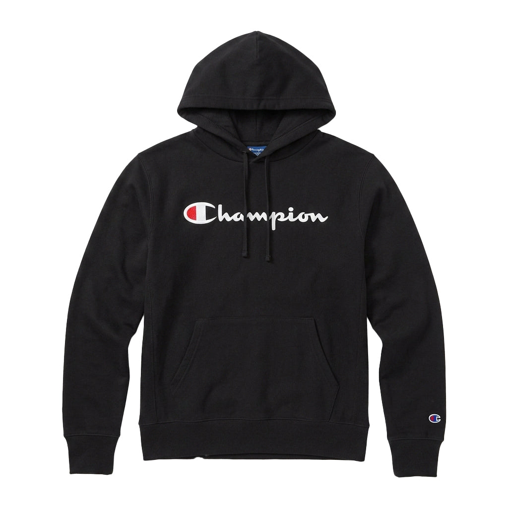 Black hoodie with Champion logo on a white background