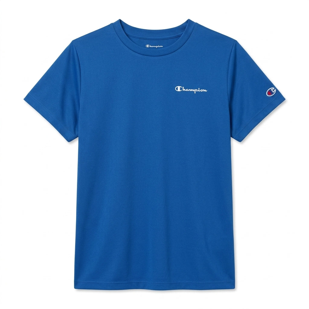 Blue t-shirt with Champion logo on a white background