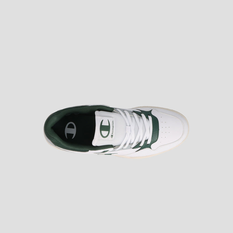Top view of the Men’s Arena Lo V2 sneaker by Champion, showcasing heritage styling with green accents, white laces, and green logos on the tongue and insole, set against a light gray background.
