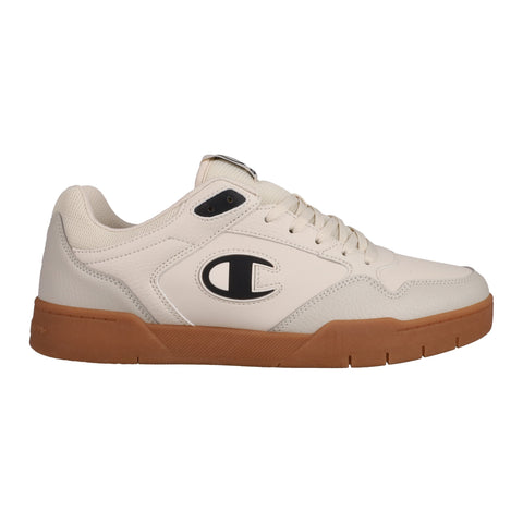 White sneaker with brown sole on a white background