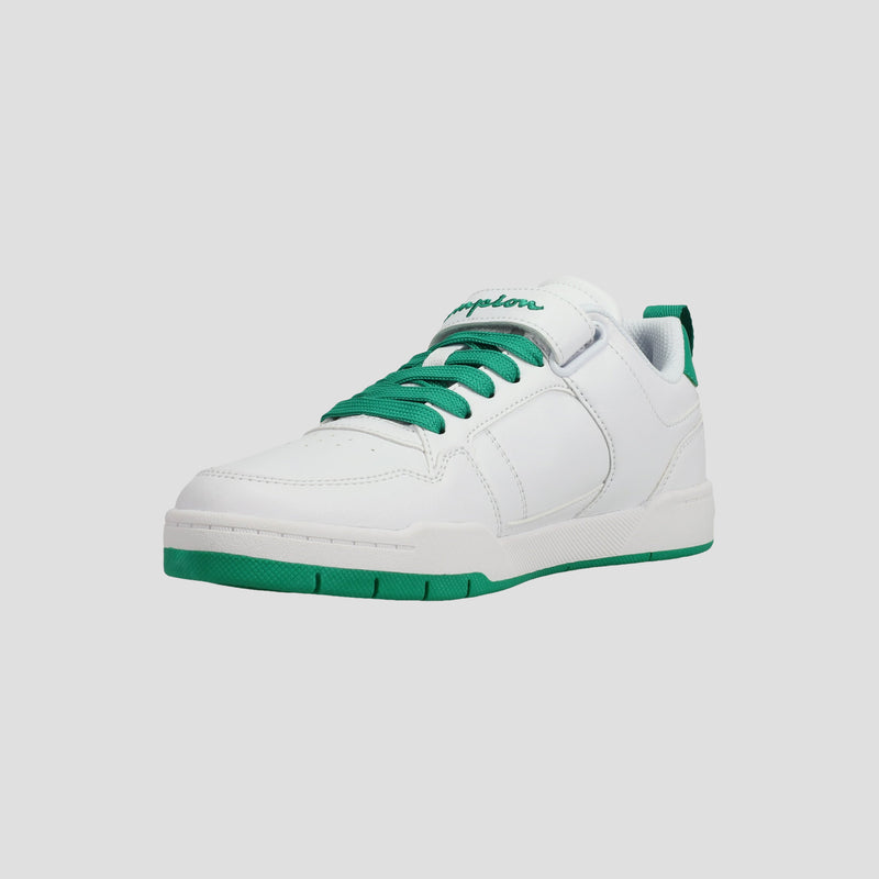 The Champion Kids' Arena Power Low sneaker features a white design with green laces, green outsole, and heel accents. Shown at a three-quarter angle on a plain light background—ideal for any kids’ sneaker collection.