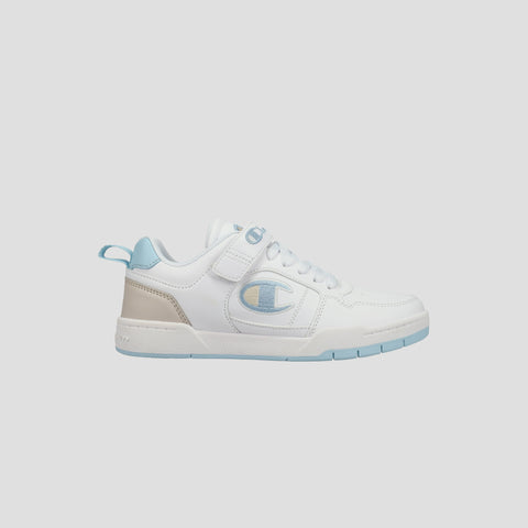 The Champion Kids' Arena Power Low sneaker is white with light blue accents on the sole, heel, and laces. It features a large C logo, a convenient back pull tab, and classic Champion style in a low-top design.