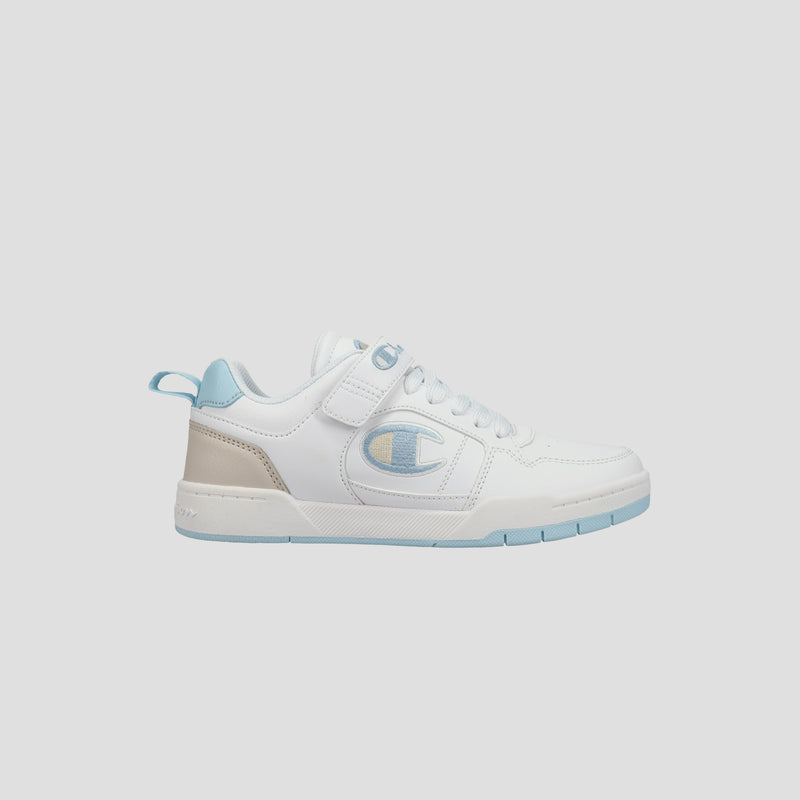 The Champion Kids' Arena Power Low sneaker is white with light blue accents on the sole, heel, and laces. It features a large C logo, a convenient back pull tab, and classic Champion style in a low-top design.