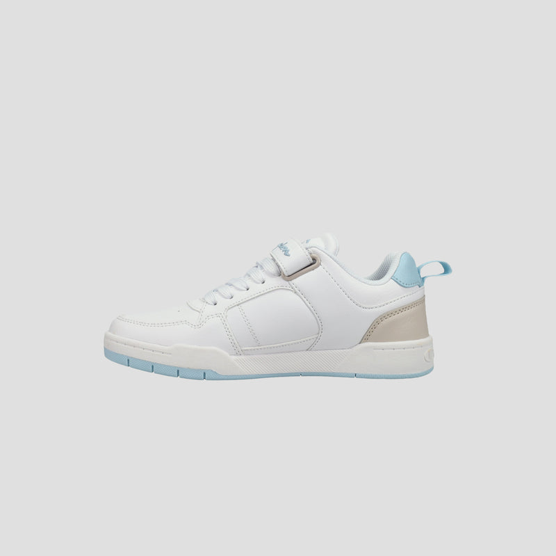 The Champion Kids' Arena Power Low sneaker is white with light blue accents on the sole, heel tab, and lining, plus a beige heel patch. Photographed on a plain light gray background, it's a stylish choice for kids.