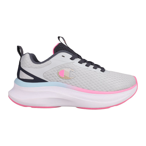 Gray running shoe with pink accents on a white background
