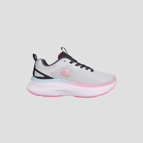 The Champion Men's Indesto W G sneaker features a gray and white design with black accents, a pink logo, durable mesh upper, thick white sole with pink trim, and branded toggle, shown on a light gray background.