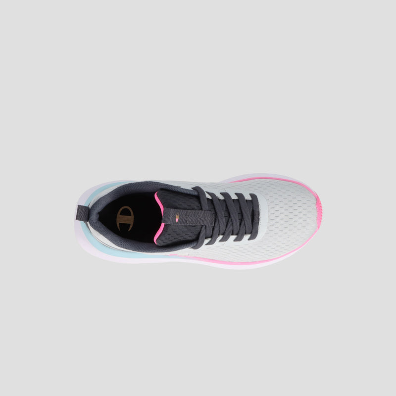 A top view of the Champion Men's Indesto W G. shows a white lifestyle sneaker with a durable mesh upper, black tongue and laces, light blue heel accents, and a pink-outlined sole, set on a light gray background.