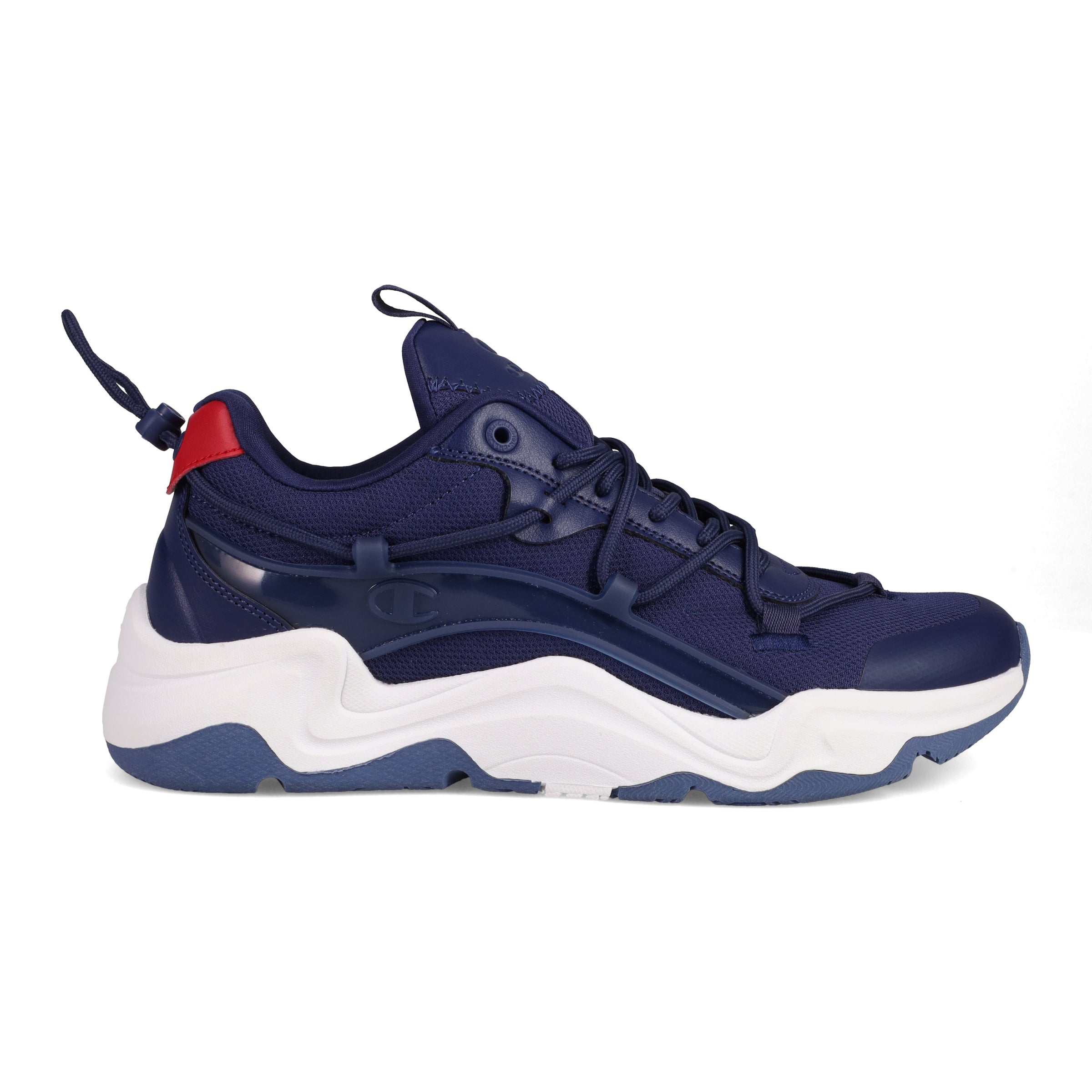 Blue running shoe with yellow accents on a white background