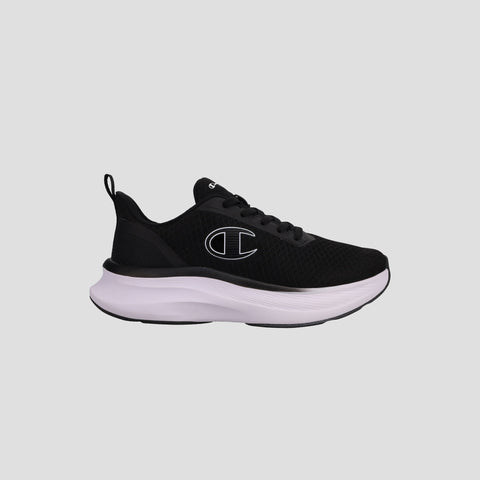 The Champion Men's Ch Zk 1 sneaker features a black upper, white sole, black laces, a white outlined "C" logo on the side, and a cushioned midsole for comfort—all in a lightweight, breathable design against a light gray background.