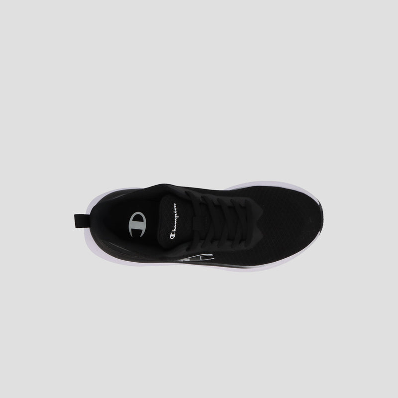 Top view of the Champion Men's Ch Zk 1 sneaker in black with a white sole and black laces, displaying the Champion logo on the tongue and insole. A cushioned midsole provides comfort, set against a plain light gray background.