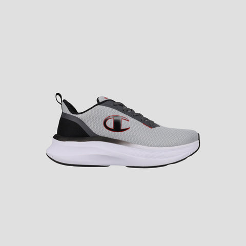 The Champion Men's Ch Zk 1 Highrise sneaker features a gray breathable upper with black and red accents, large “C” logo, black laces, cushioned white sole, black heel pull tab, and is displayed on a plain light gray background.