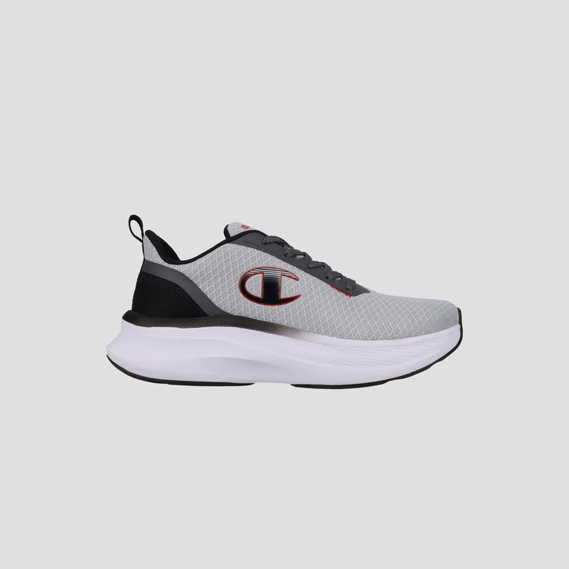The Champion Men's Ch Zk 1 Highrise sneaker features a gray breathable upper with black and red accents, large “C” logo, black laces, cushioned white sole, black heel pull tab, and is displayed on a plain light gray background.